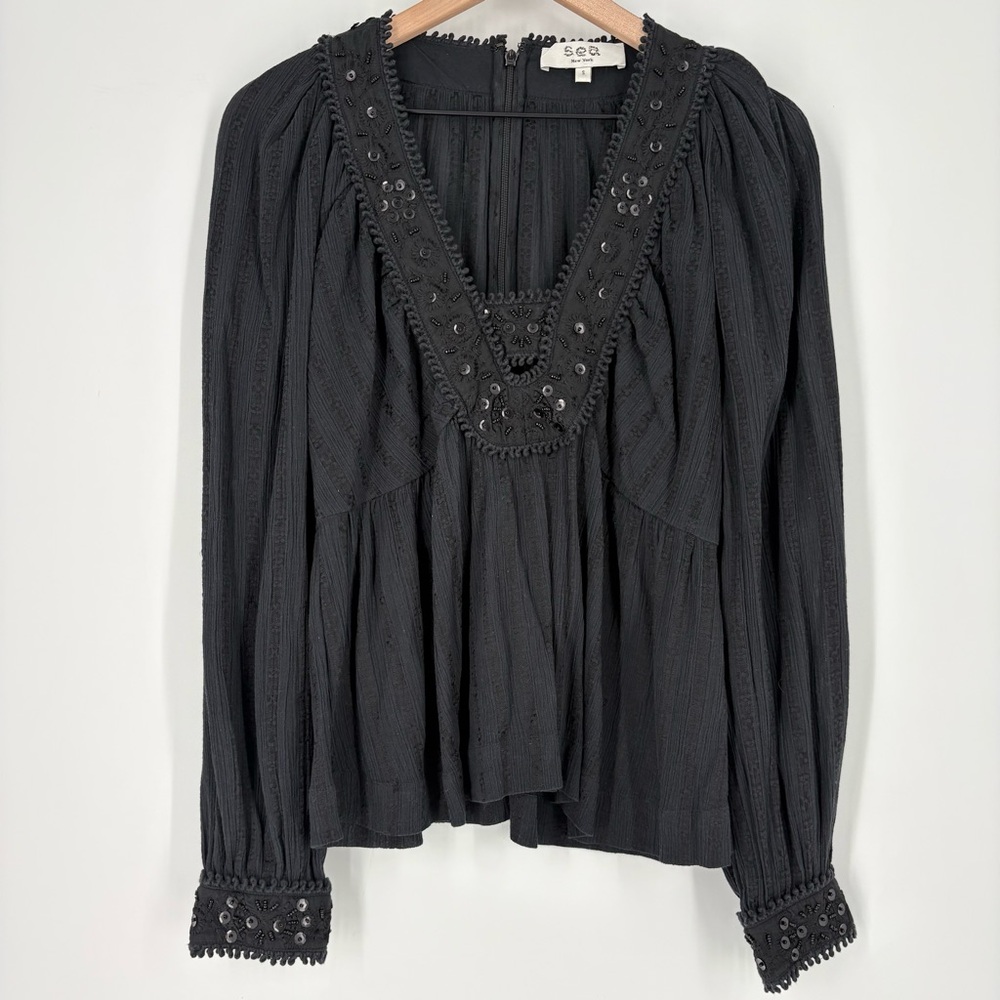 Sea New York Charlotte Embroidery Long Sleeve Black Beaded Top - Picture 6 of 16